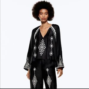 Zara Black Embroidered Boho style top and pant set